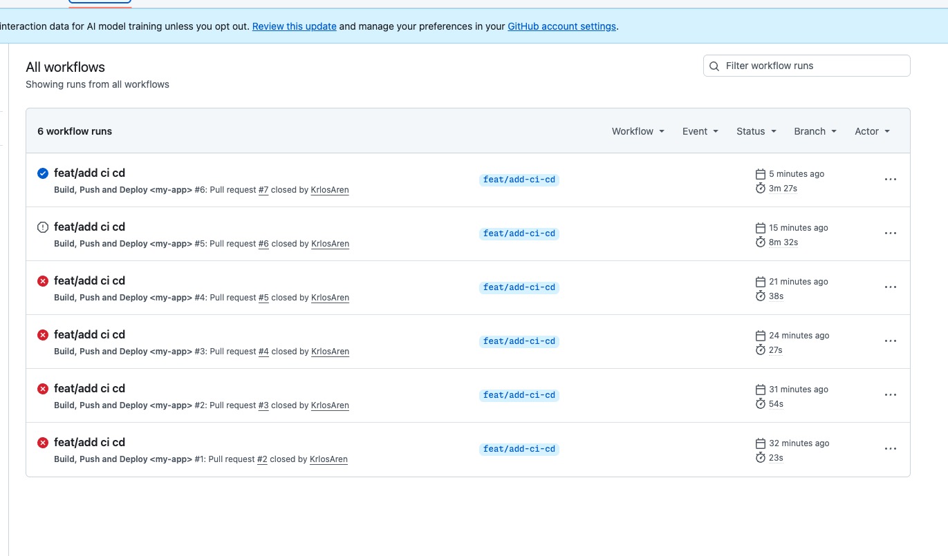 Lista de runs del workflow en GitHub Actions