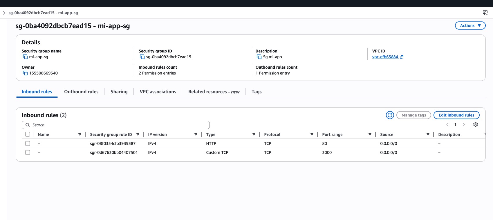 Reglas inbound del security group en la consola AWS